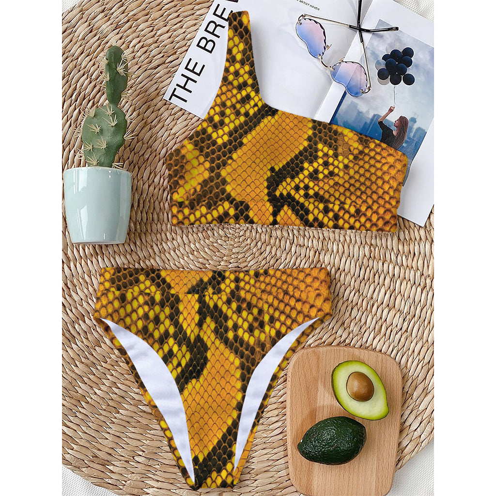 Yellow And Black Snakeskin Print One Shoulder Bikini Top