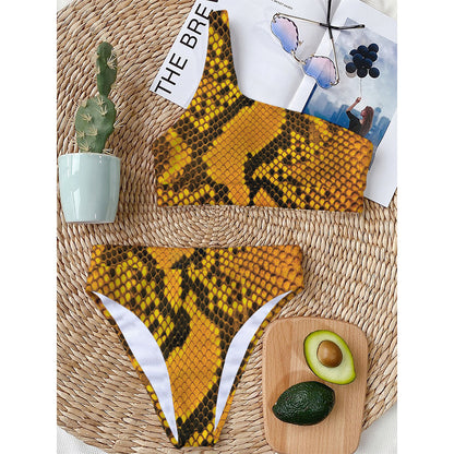 Yellow And Black Snakeskin Print One Shoulder Bikini Top