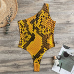 Yellow And Black Snakeskin Print One Shoulder Bodysuit