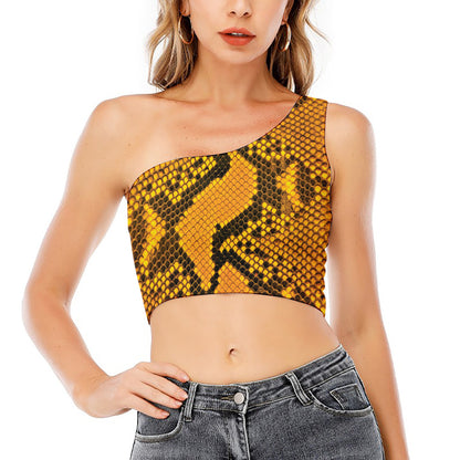 Yellow And Black Snakeskin Print One Shoulder Crop Top