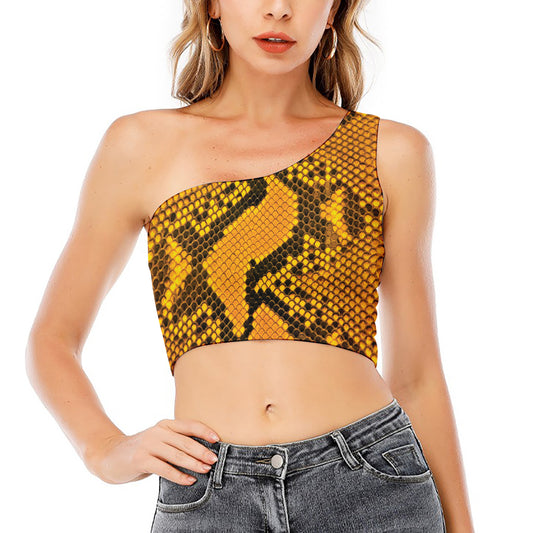 Yellow And Black Snakeskin Print One Shoulder Crop Top
