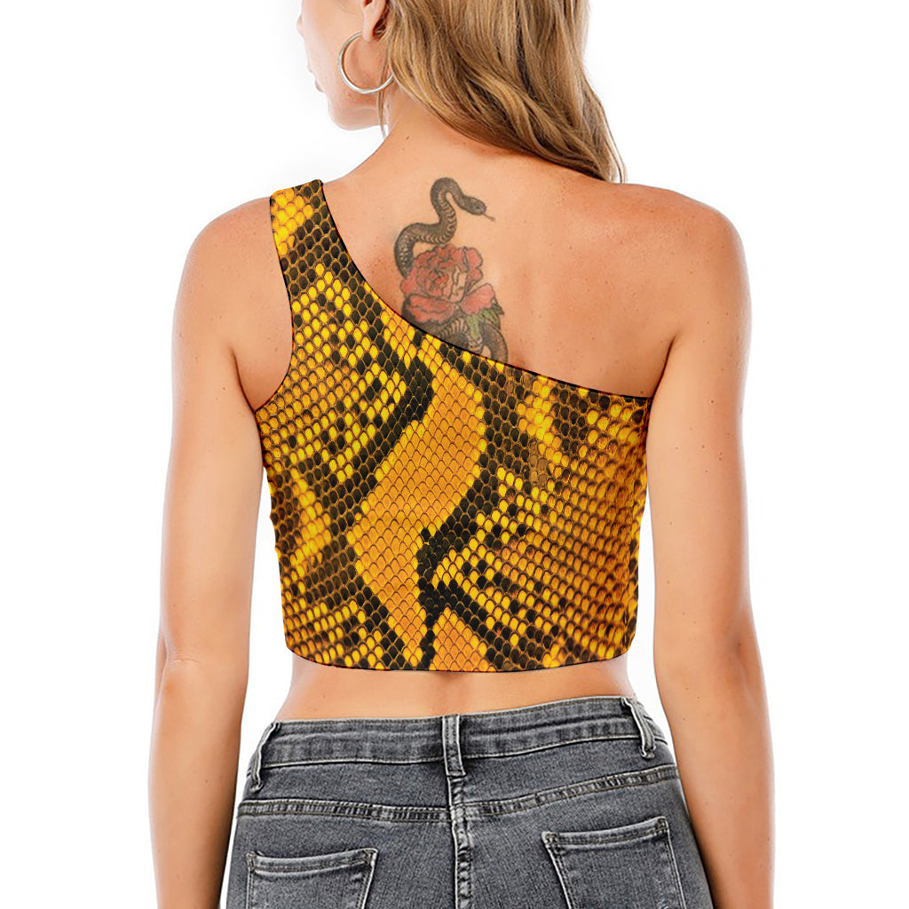 Yellow And Black Snakeskin Print One Shoulder Crop Top