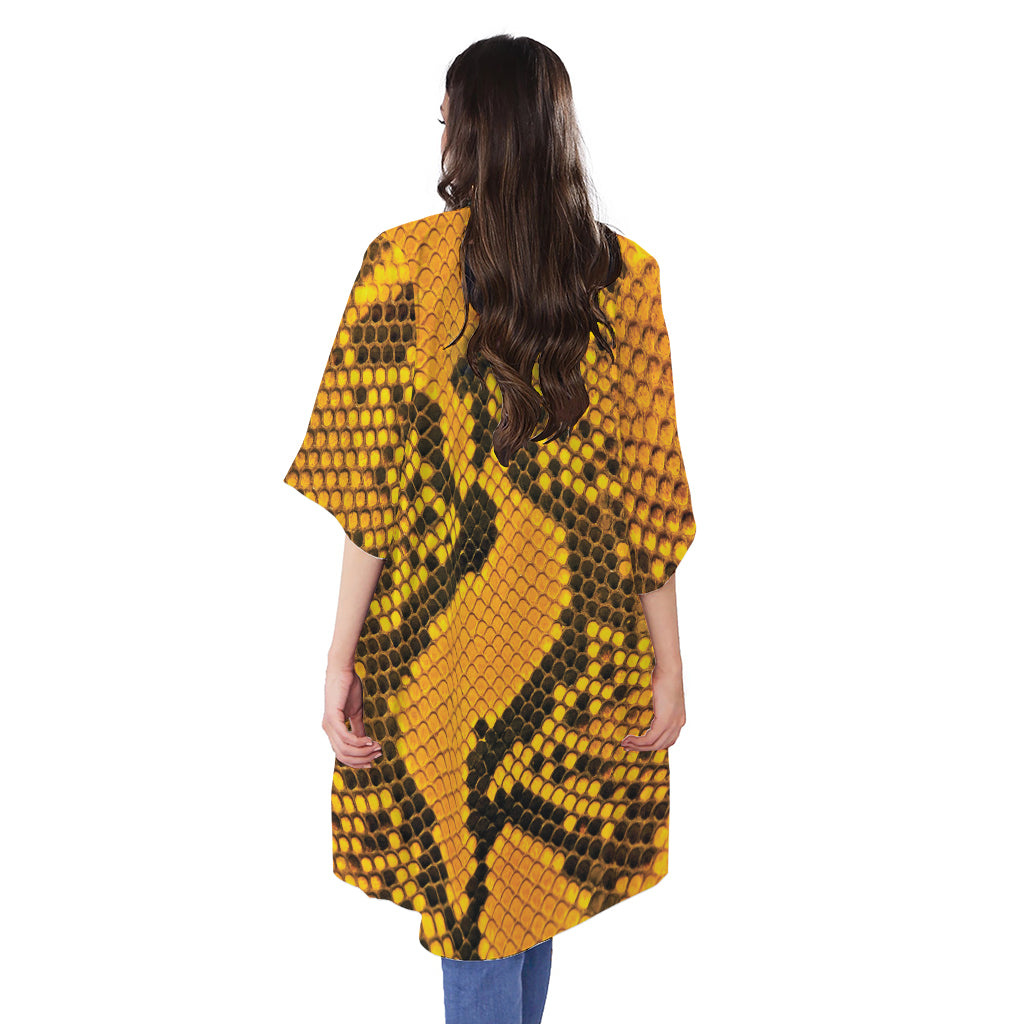 Yellow And Black Snakeskin Print Open Front Beach Cover Up
