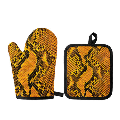 Yellow And Black Snakeskin Print Oven Mitt And Pot Holder Set