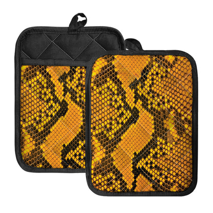 Yellow And Black Snakeskin Print Pot Holders With Pocket