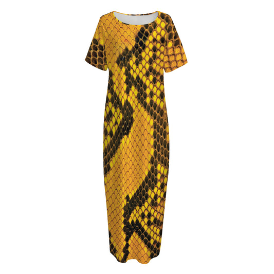 Yellow And Black Snakeskin Print Short Sleeve Long Nightdress