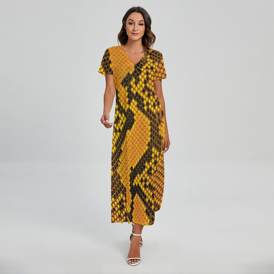 Yellow And Black Snakeskin Print Short Sleeve Maxi Dress