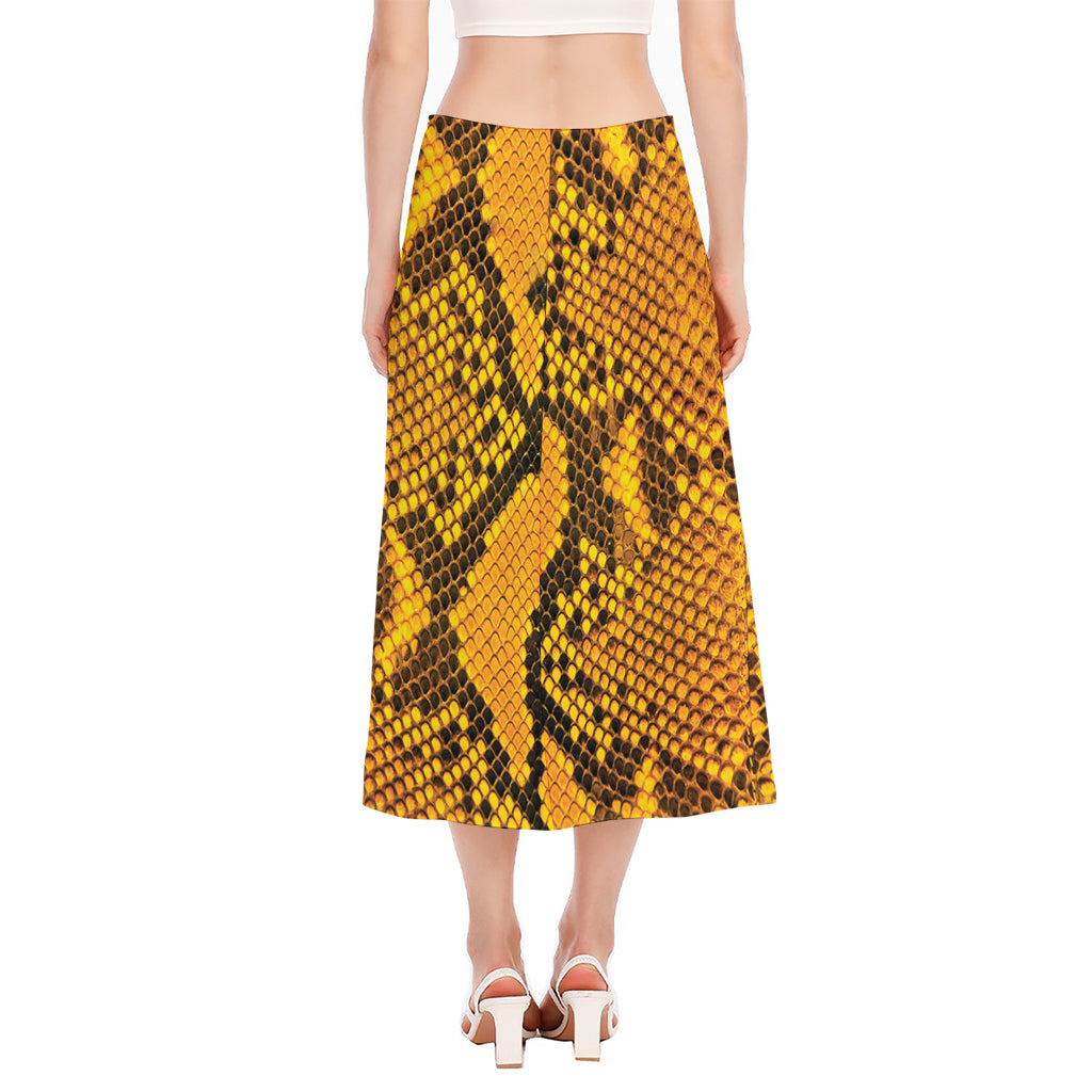 Yellow And Black Snakeskin Print Side Slit Midi Skirt