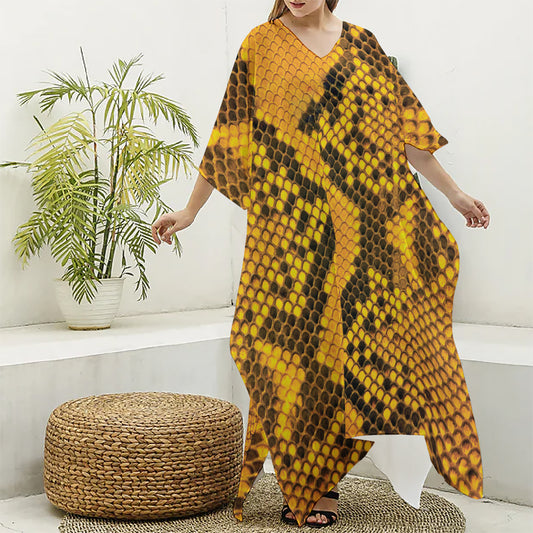 Yellow And Black Snakeskin Print Silk V-Neck Kaftan Dress