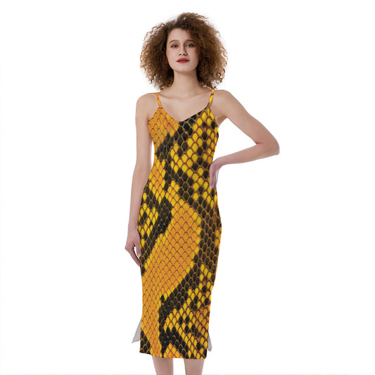 Yellow And Black Snakeskin Print Slim Fit Midi Cami Dress