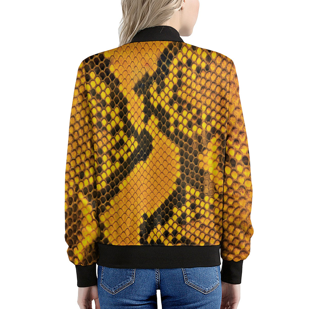 Yellow And Black Snakeskin Print Women's Bomber Jacket