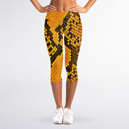 Yellow And Black Snakeskin Print Women's Capri Leggings