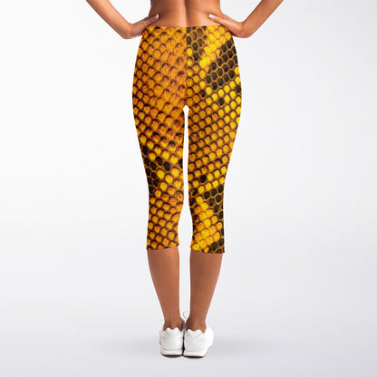 Yellow And Black Snakeskin Print Women's Capri Leggings
