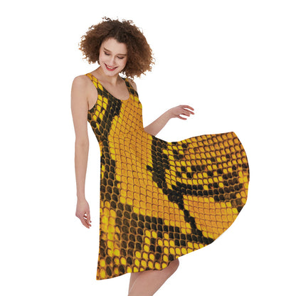 Yellow And Black Snakeskin Print Women's Sleeveless Dress