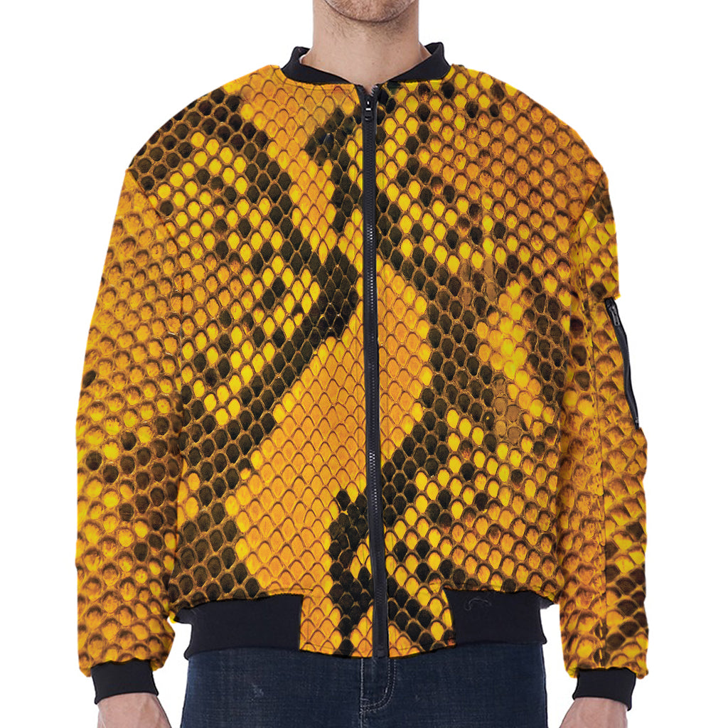 Yellow And Black Snakeskin Print Zip Sleeve Bomber Jacket