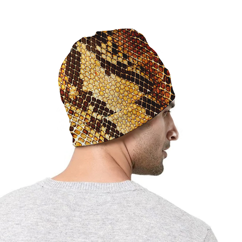 Yellow And Brown Snakeskin Print Beanie