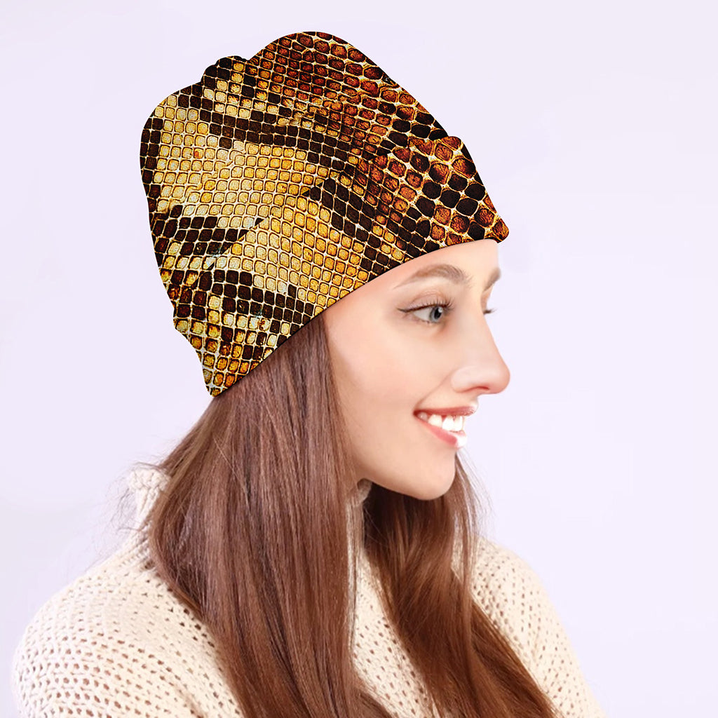 Yellow And Brown Snakeskin Print Beanie