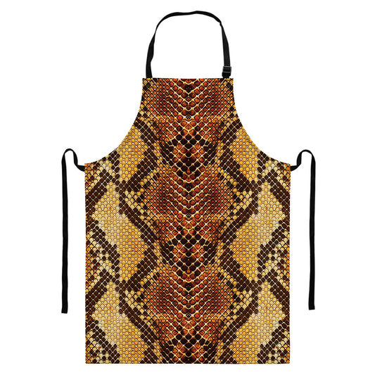 Yellow And Brown Snakeskin Print Bib Apron With Pocket