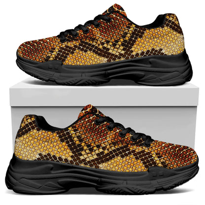 Yellow And Brown Snakeskin Print Black Chunky Shoes