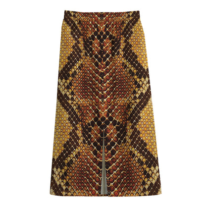 Yellow And Brown Snakeskin Print Cotton Front Slit Maxi Skirt