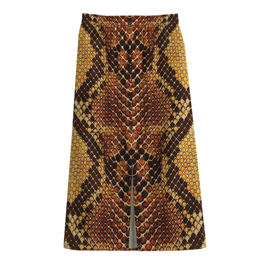 Yellow And Brown Snakeskin Print Cotton Front Slit Maxi Skirt