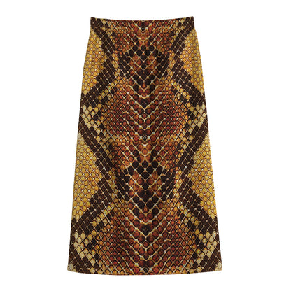 Yellow And Brown Snakeskin Print Cotton Front Slit Maxi Skirt
