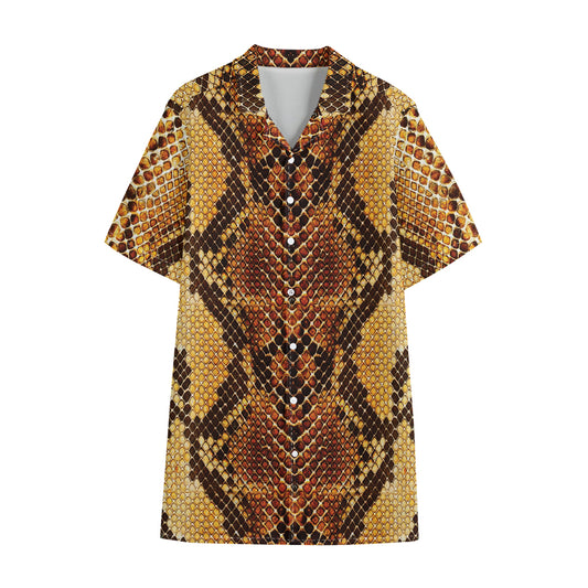 Yellow And Brown Snakeskin Print Cotton Hawaiian Shirt