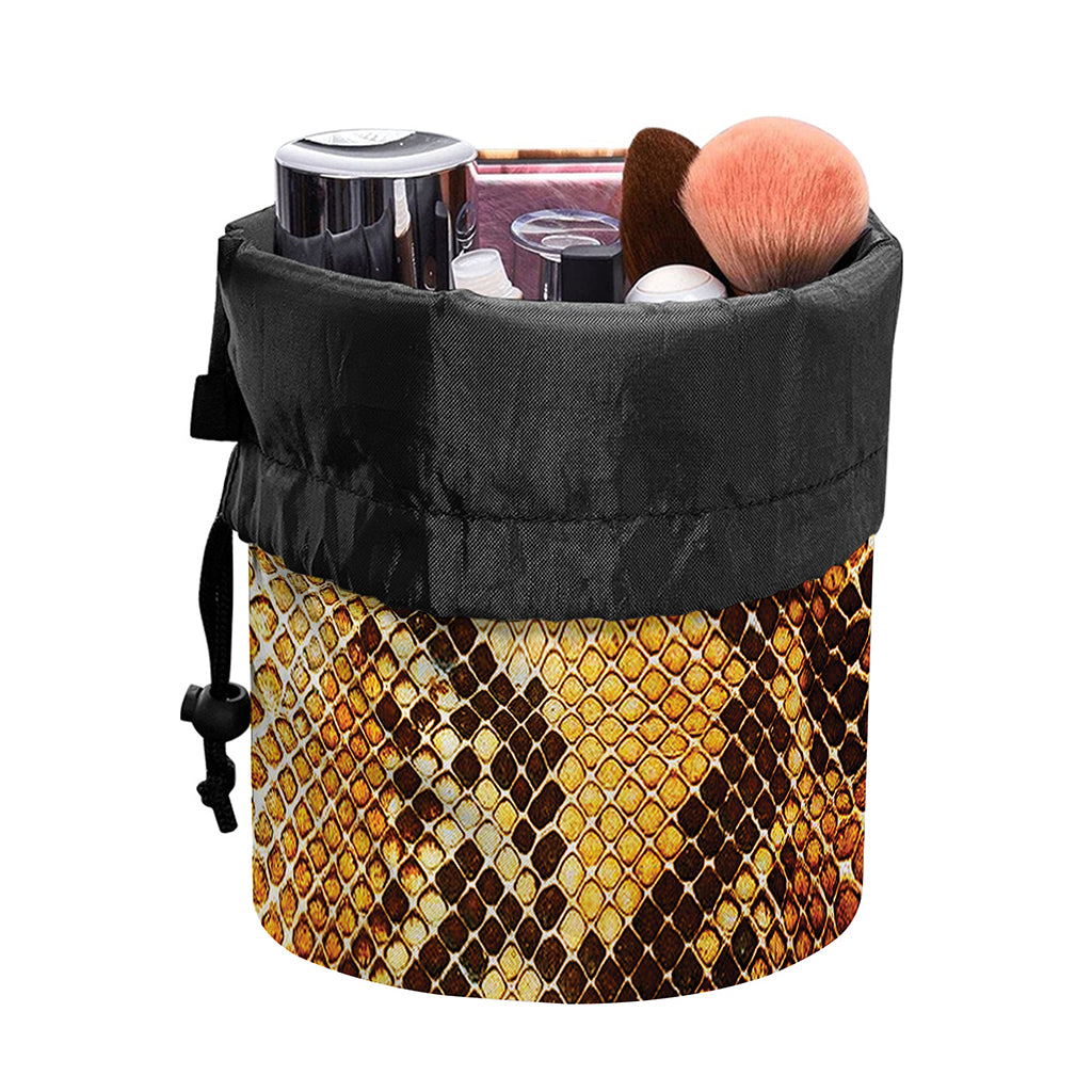 Yellow And Brown Snakeskin Print Drawstring Makeup Bag