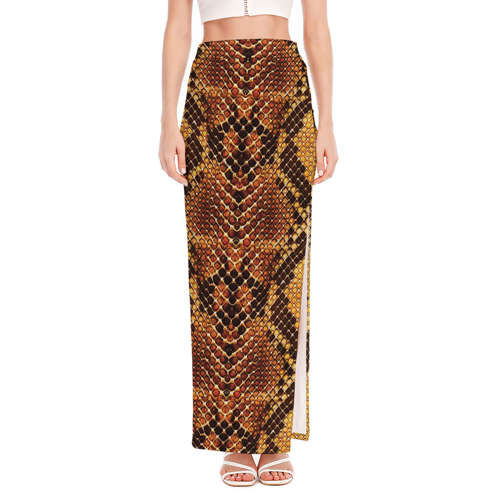 Yellow And Brown Snakeskin Print High Slit Maxi Skirt
