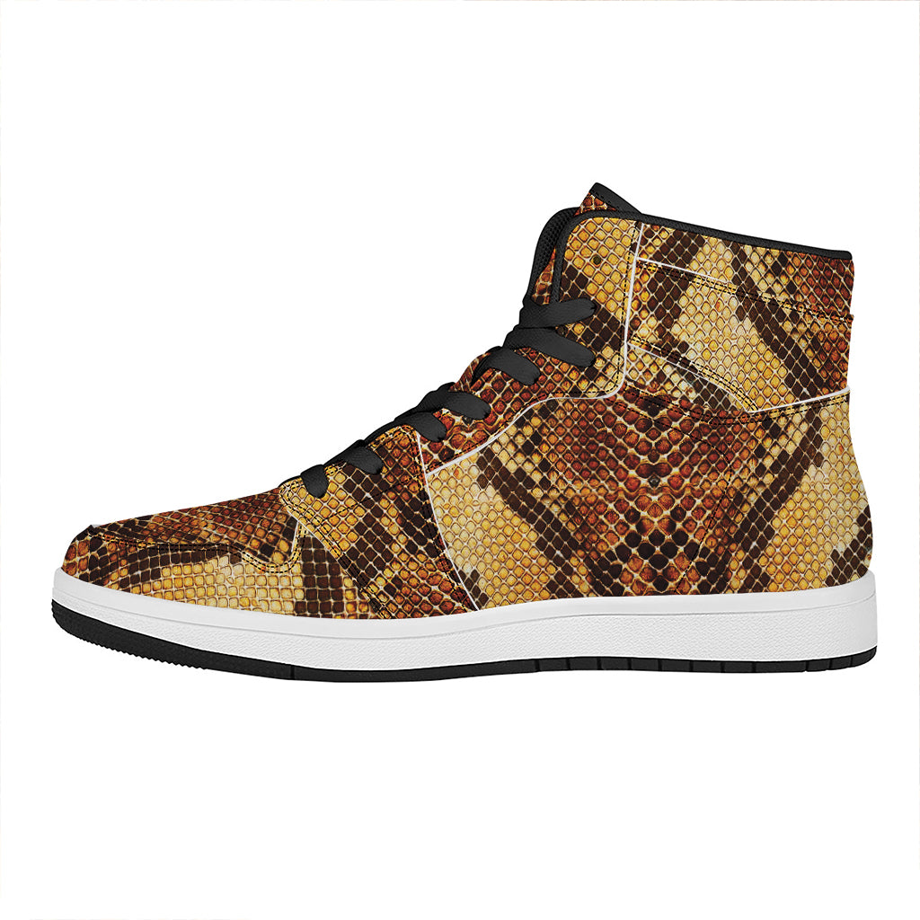 Yellow And Brown Snakeskin Print High Top Leather Sneakers