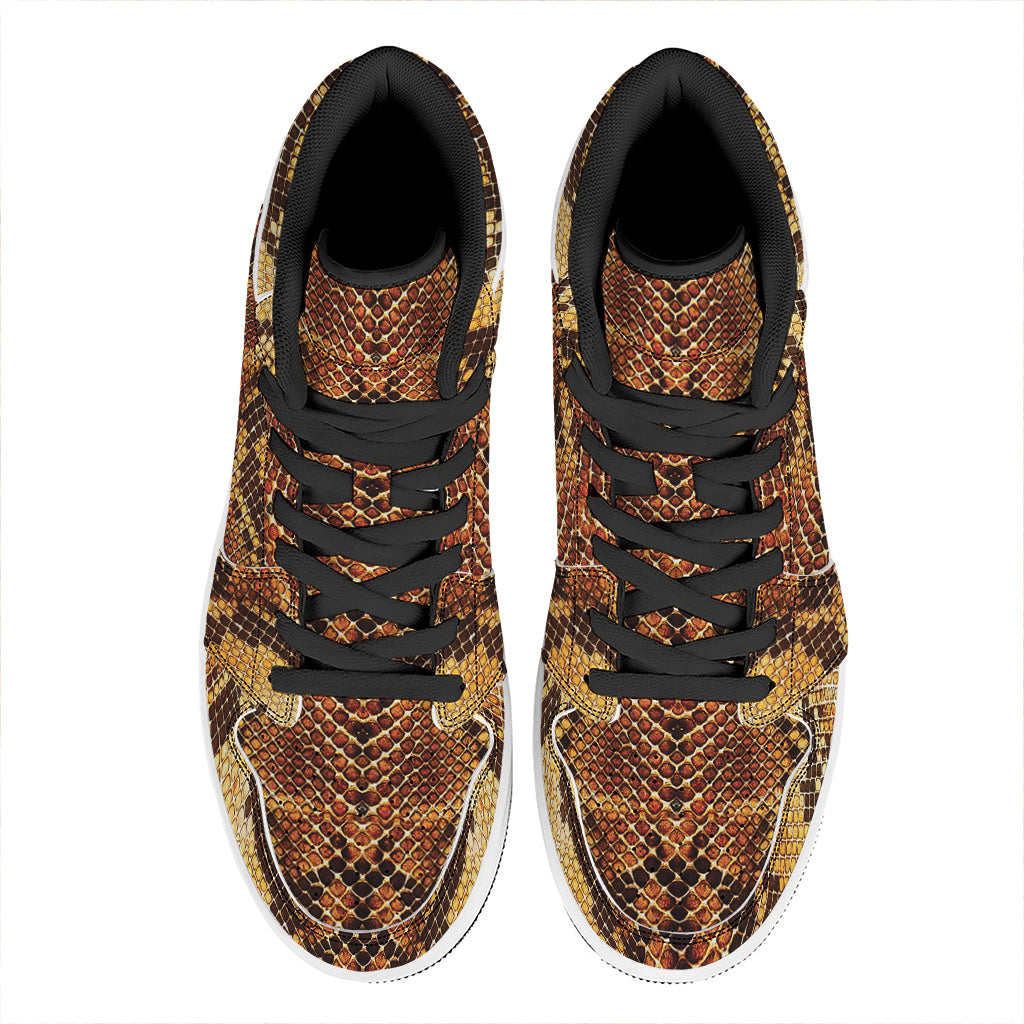 Yellow And Brown Snakeskin Print High Top Leather Sneakers