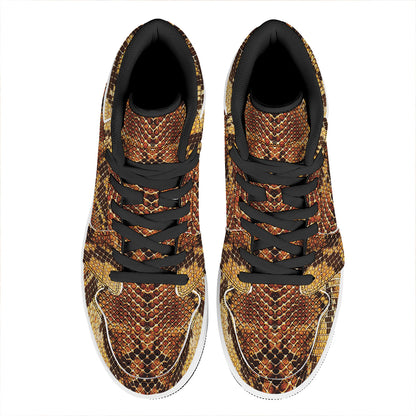 Yellow And Brown Snakeskin Print High Top Leather Sneakers