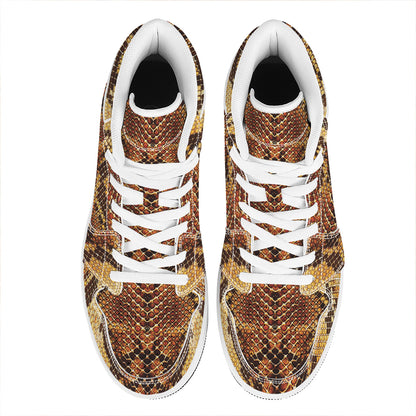 Yellow And Brown Snakeskin Print High Top Leather Sneakers