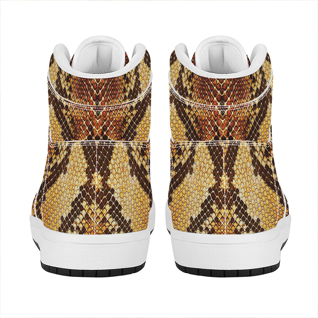 Yellow And Brown Snakeskin Print High Top Leather Sneakers