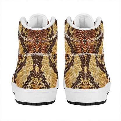 Yellow And Brown Snakeskin Print High Top Leather Sneakers