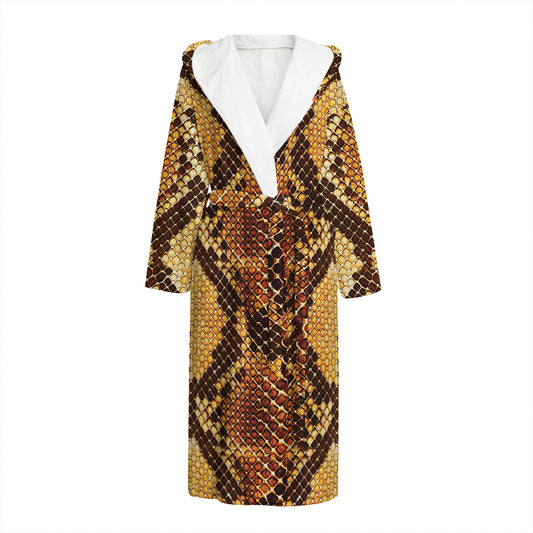 Yellow And Brown Snakeskin Print Hooded Bathrobe