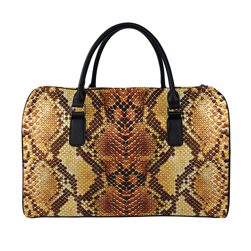 Yellow And Brown Snakeskin Print Leather Duffle Bag