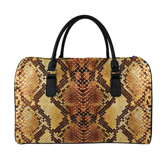 Yellow And Brown Snakeskin Print Leather Duffle Bag