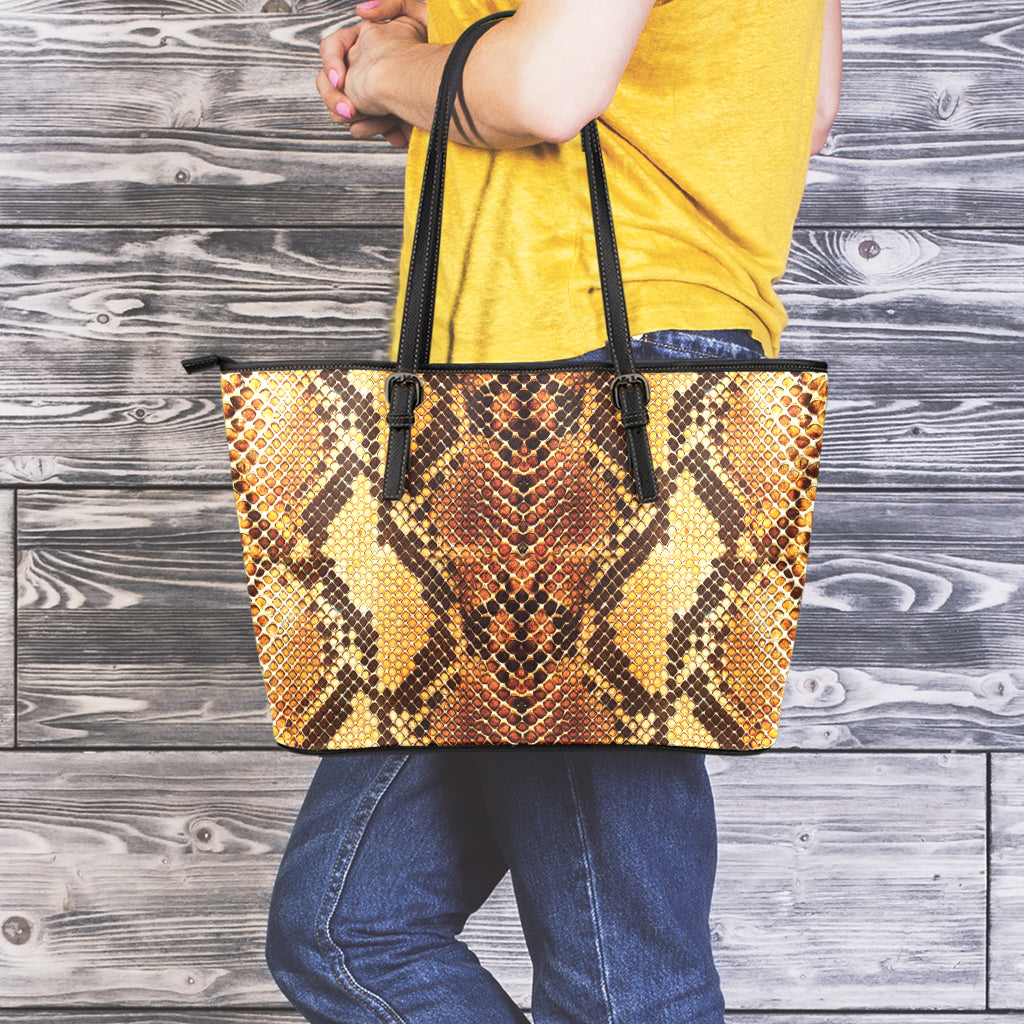 Yellow And Brown Snakeskin Print Leather Tote Bag