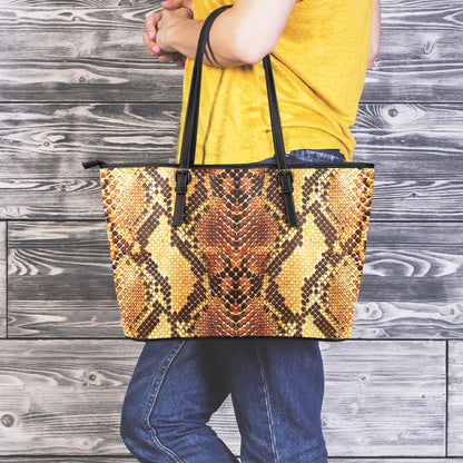 Yellow And Brown Snakeskin Print Leather Tote Bag