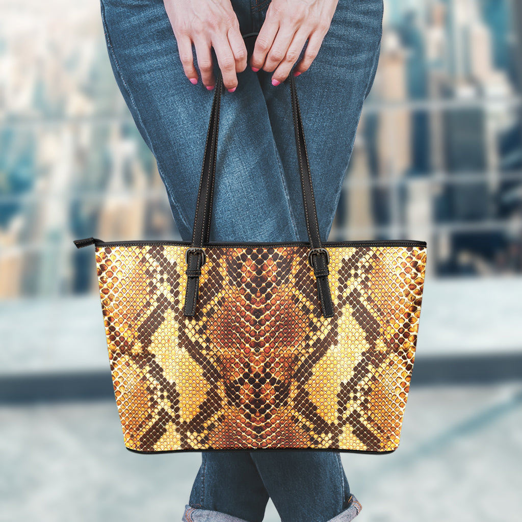 Yellow And Brown Snakeskin Print Leather Tote Bag