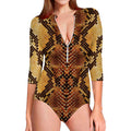Yellow And Brown Snakeskin Print Long Sleeve Swimsuit