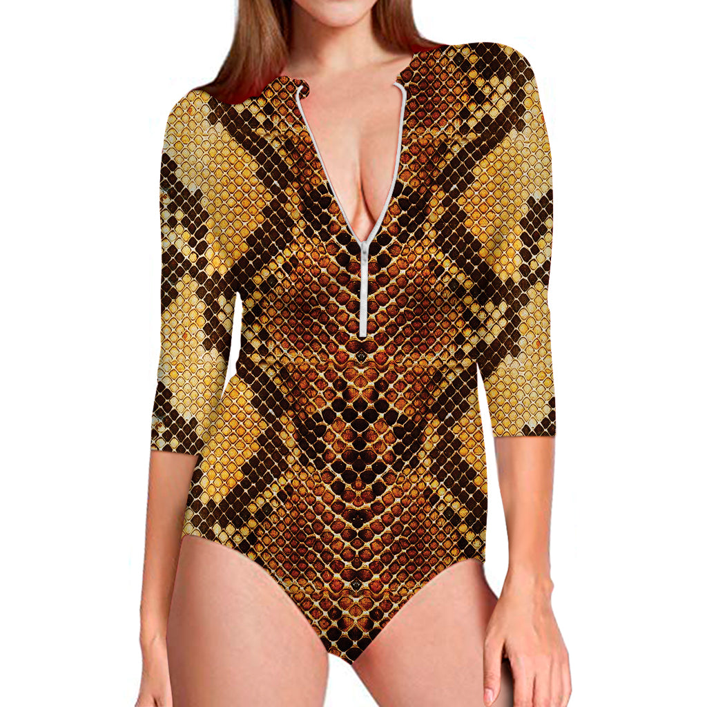 Yellow And Brown Snakeskin Print Long Sleeve Swimsuit