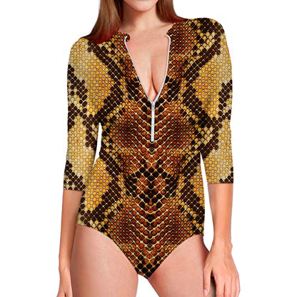 Yellow And Brown Snakeskin Print Long Sleeve Swimsuit