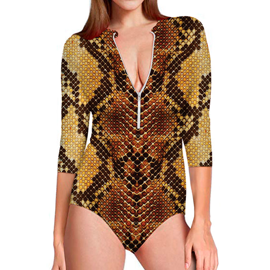 Yellow And Brown Snakeskin Print Long Sleeve Swimsuit