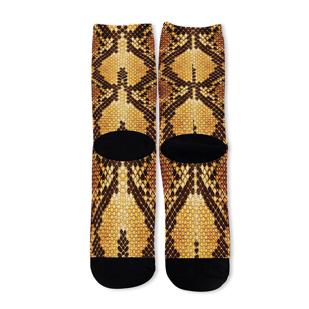 Yellow And Brown Snakeskin Print Long Socks