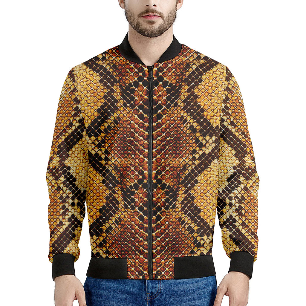 Yellow And Brown Snakeskin Print Men's Bomber Jacket