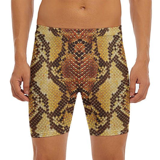 Yellow And Brown Snakeskin Print Men's Long Boxer Briefs