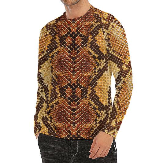 Yellow And Brown Snakeskin Print Men's Long Sleeve Rash Guard