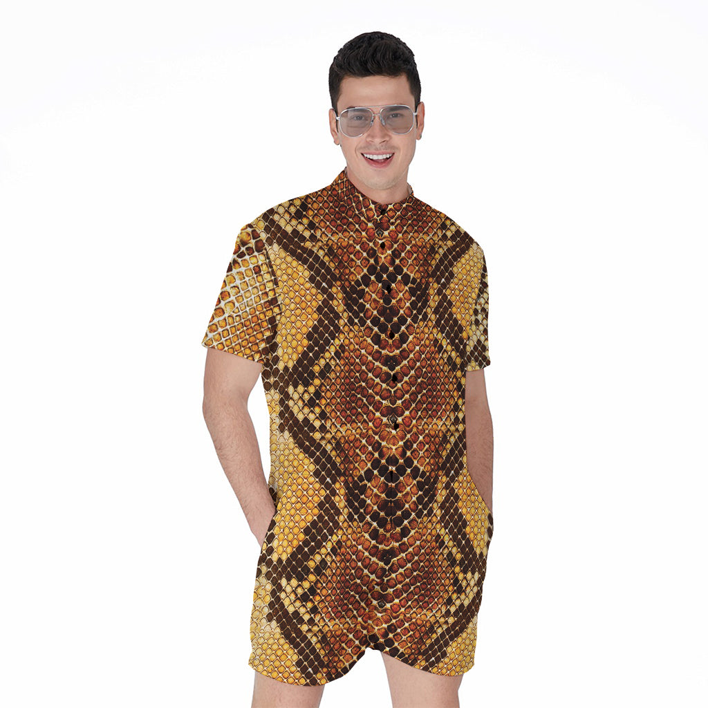 Yellow And Brown Snakeskin Print Men's Rompers